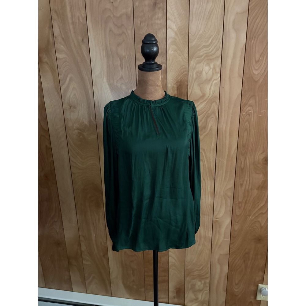 LOFT‎ Womens Emerald Green Satin Ruffle Neck Long Sleeve Blouse Small